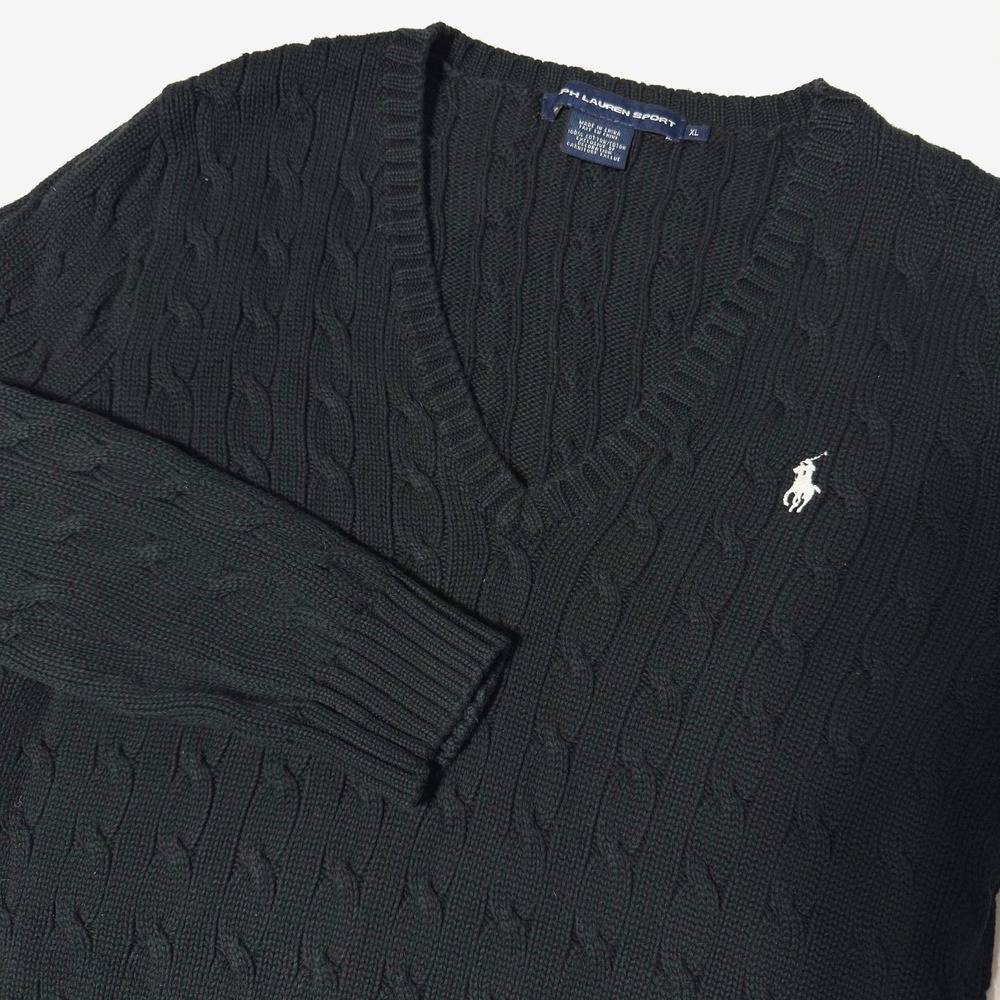 Ralph Lauren Sport Cable Knit Black Cotton V-Neck Sweater Women's Size XL
